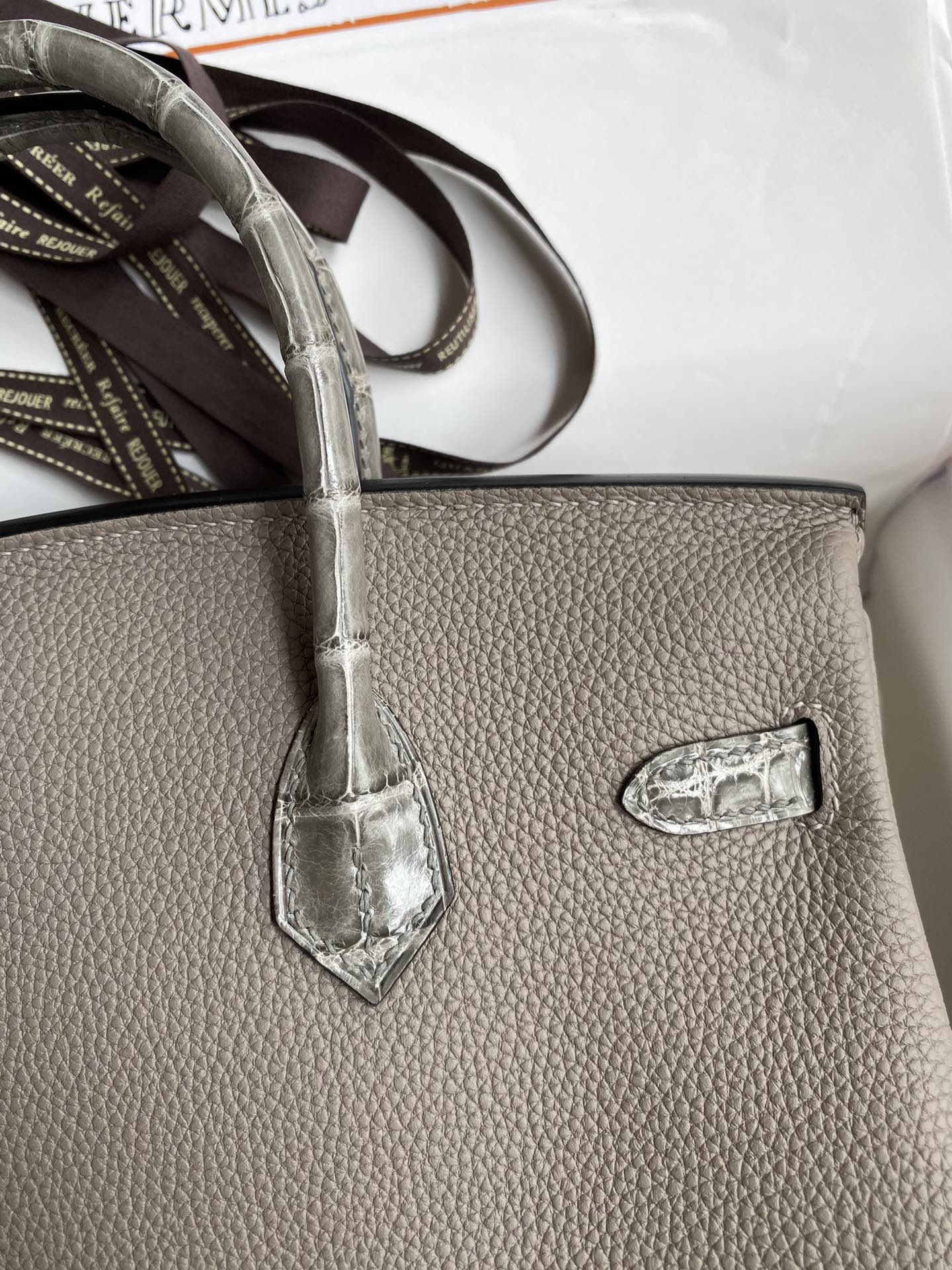 Hermes Touch Birkin 25CM Bag In Gris Asphalte Togo and Shiny Niloticus Crocodile Skin